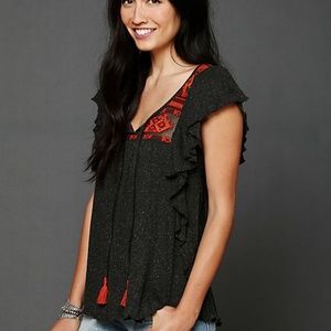 Free People Embroidered Flutter Sleeve Top